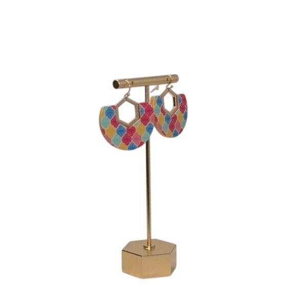 Colorful Geometric Pattern Dangle Earrings With Gold Hexagon Accent - Lightweigh - Picture 2 of 2